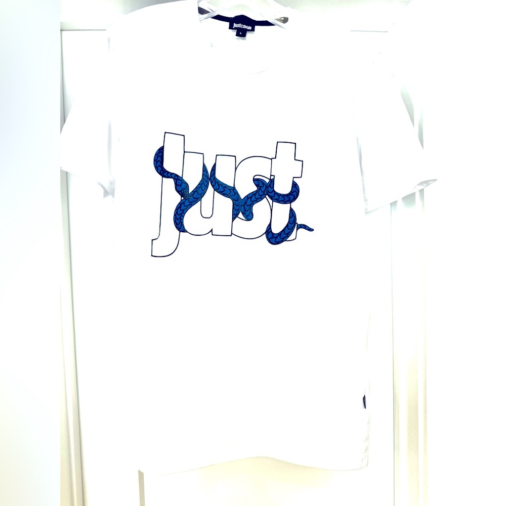 Cavalli cotton designer Tee shirt. Just Cavali on back, “Just” design on front.
